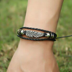 3/$35 Black PU Leather Fashion Bracelet Men Feather Boys Gifts Unisex Jewelry